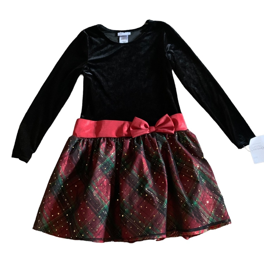Bonnie Jean Holiday Girls Plaid Taffeta Drop Waist  black velvet Dress Size 16!! - Picture 2 of 7